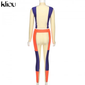 Kliou Patchwork Skinny Two Piece Set Women Autumn Mock Neck Crop Top+Stretchy Legging Matching Outfit Female Hot Streetwear 2021